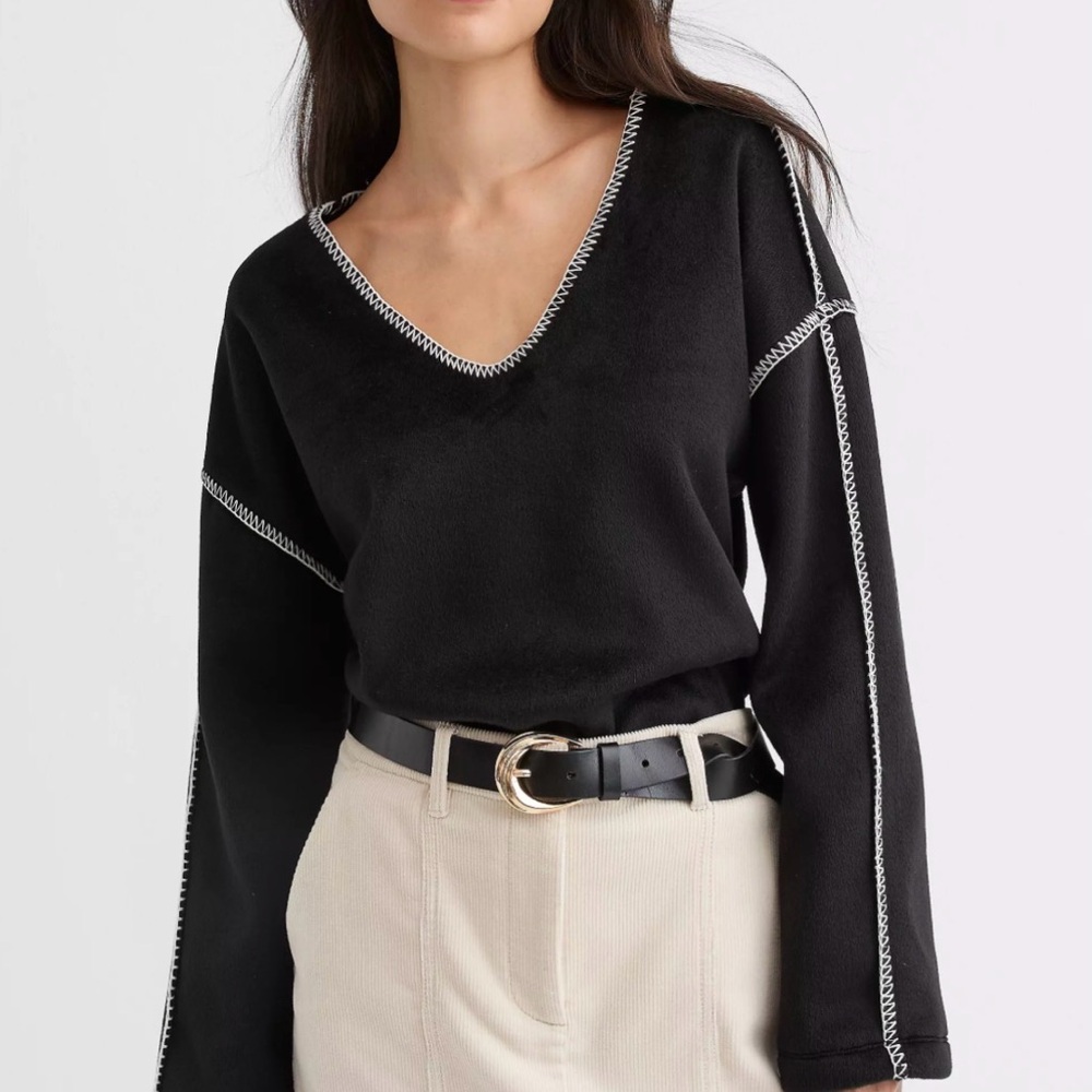 LOFT Black V-Neck Fleece Sweater with Stitching